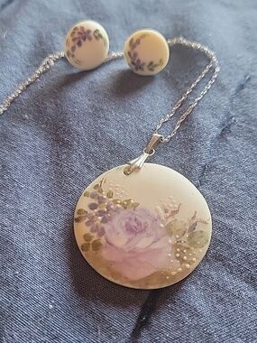 Hand-Painted Lavender Floral Pendant Necklace - And Matchings Earrings